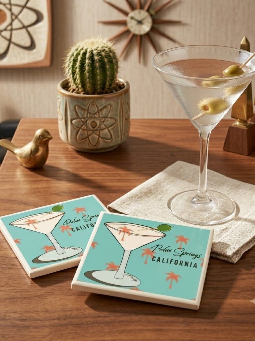 Mid Century Palm Springs Martini Coasters Retro Cocktail Bar Decor Set Ceramic